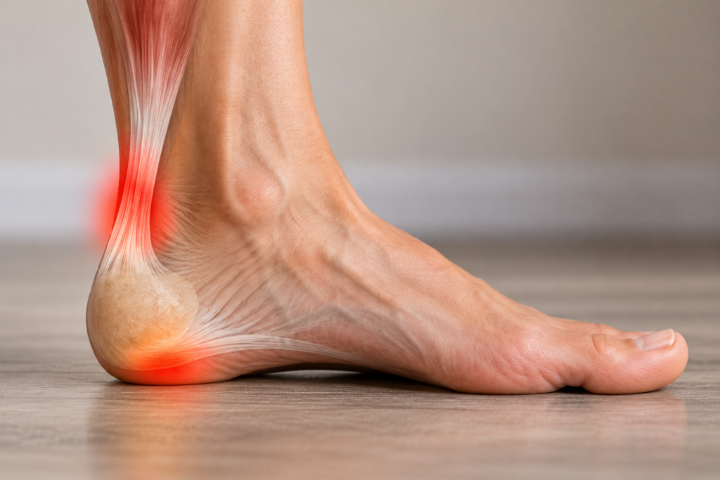 Side view of a bare foot with one soft highlight at the back of the heel over the Achilles tendon and another on the bottom of the heel, comparing Achilles tendinitis and plantar fasciitis.
