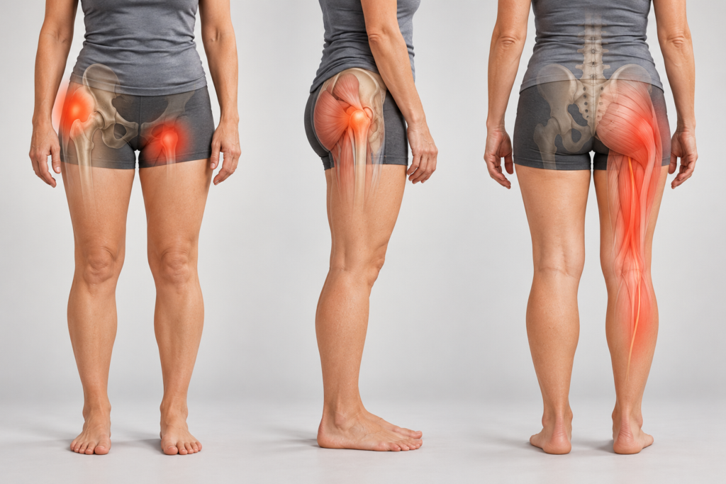Illustration of a standing figure from the front and back with soft highlights over the outer hip, the groin, and the buttock to compare common sources of hip pain.