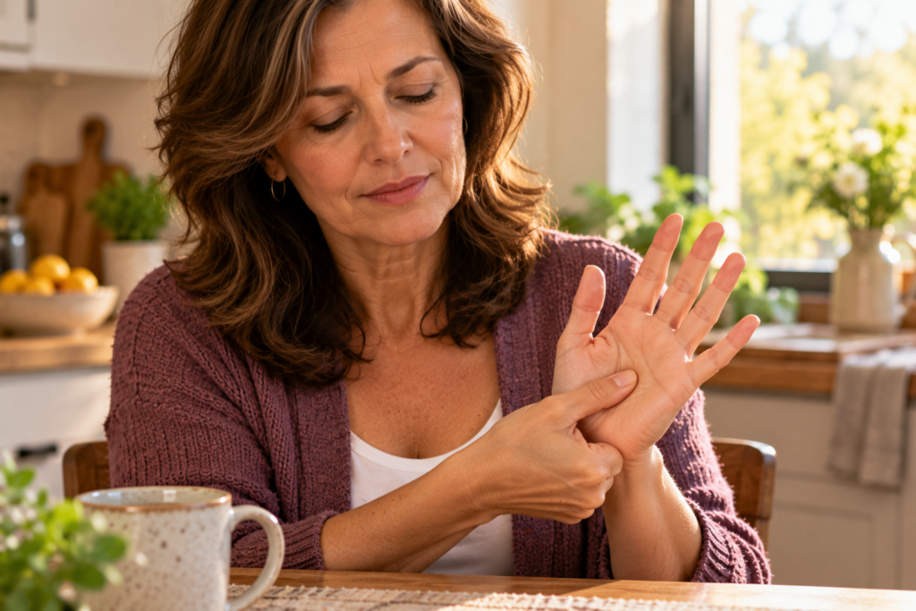 Woman pressing the center of one palm with the thumb of the other hand, eyes softly closed.