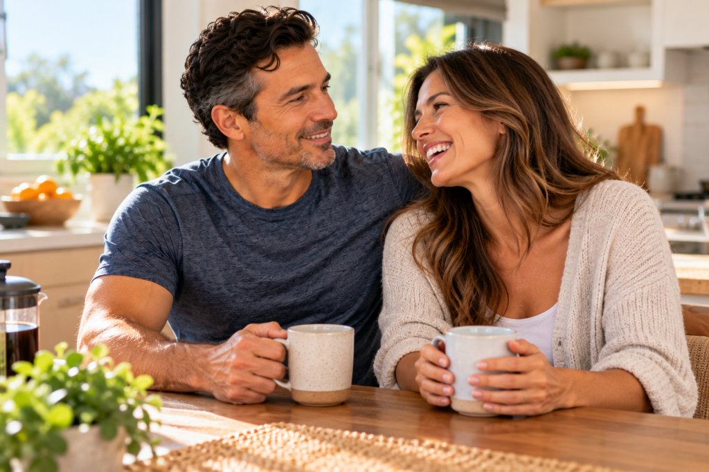 Relaxed couple sitting close together at a kitchen table, laughing and sharing coffee in the morning light.