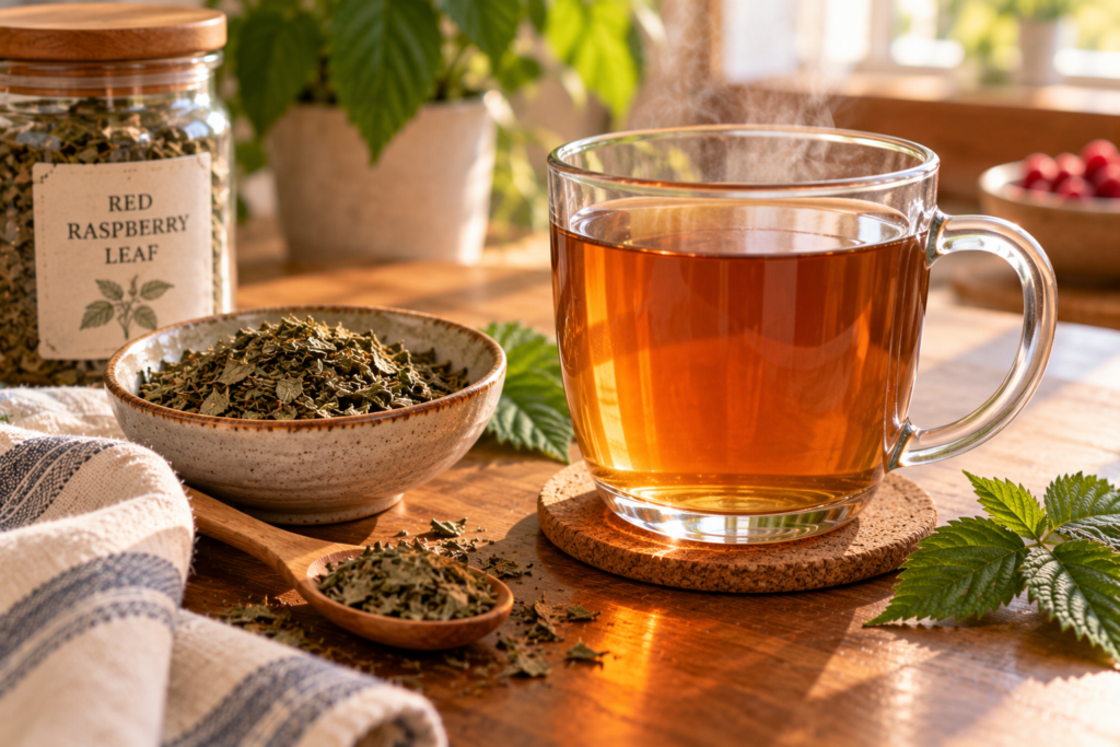 Glass mug of red raspberry leaf tea beside a small bowl of dried tea leaves.