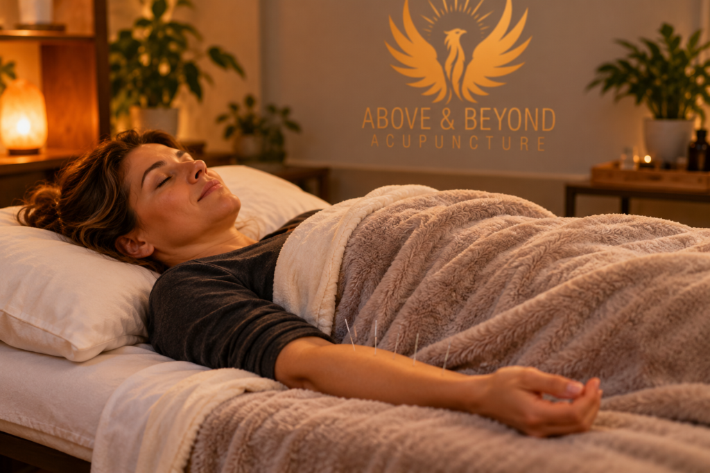 Person resting peacefully on a treatment table under a blanket, eyes closed, fine needles in the forearm.