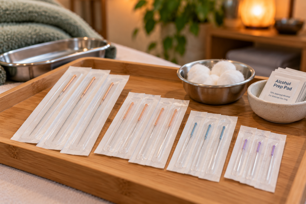 Several sealed packets of sterile acupuncture needles in different sizes arranged on a clean treatment tray.