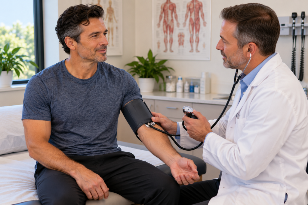 Doctor measuring a seated patient’s blood pressure with a cuff during a checkup in a clean medical office.