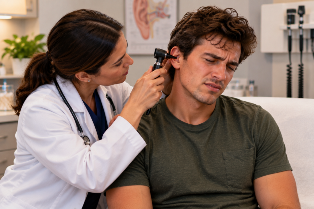 Doctor looking into a seated patient’s ear with an otoscope in a clean medical office.