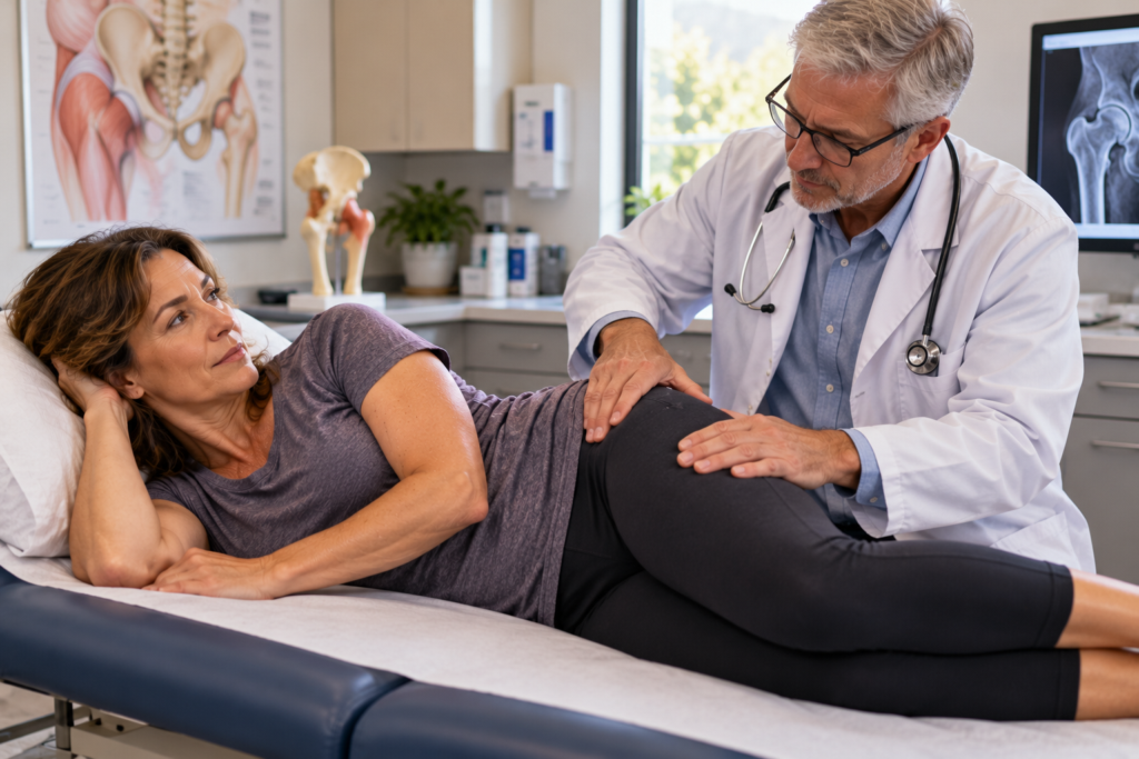 Doctor gently pressing on the outer hip of a patient lying on their side on an exam table to check for tenderness.