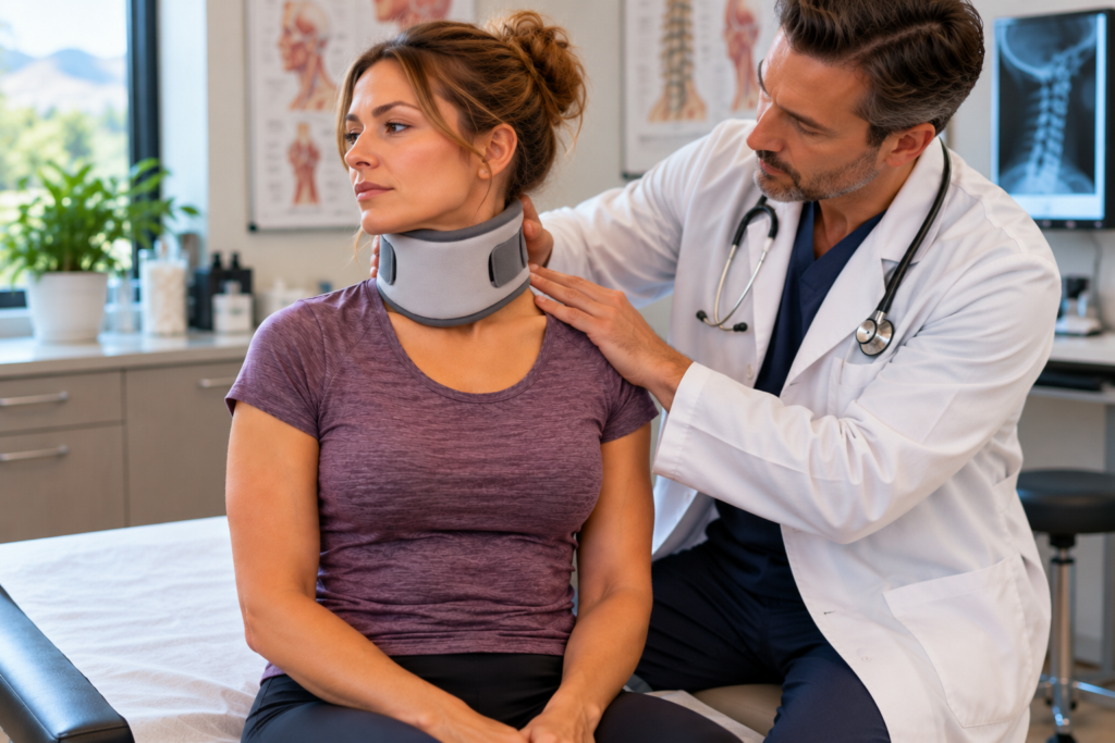 Doctor gently examining the neck of a person seated on an exam table in a medical office.
