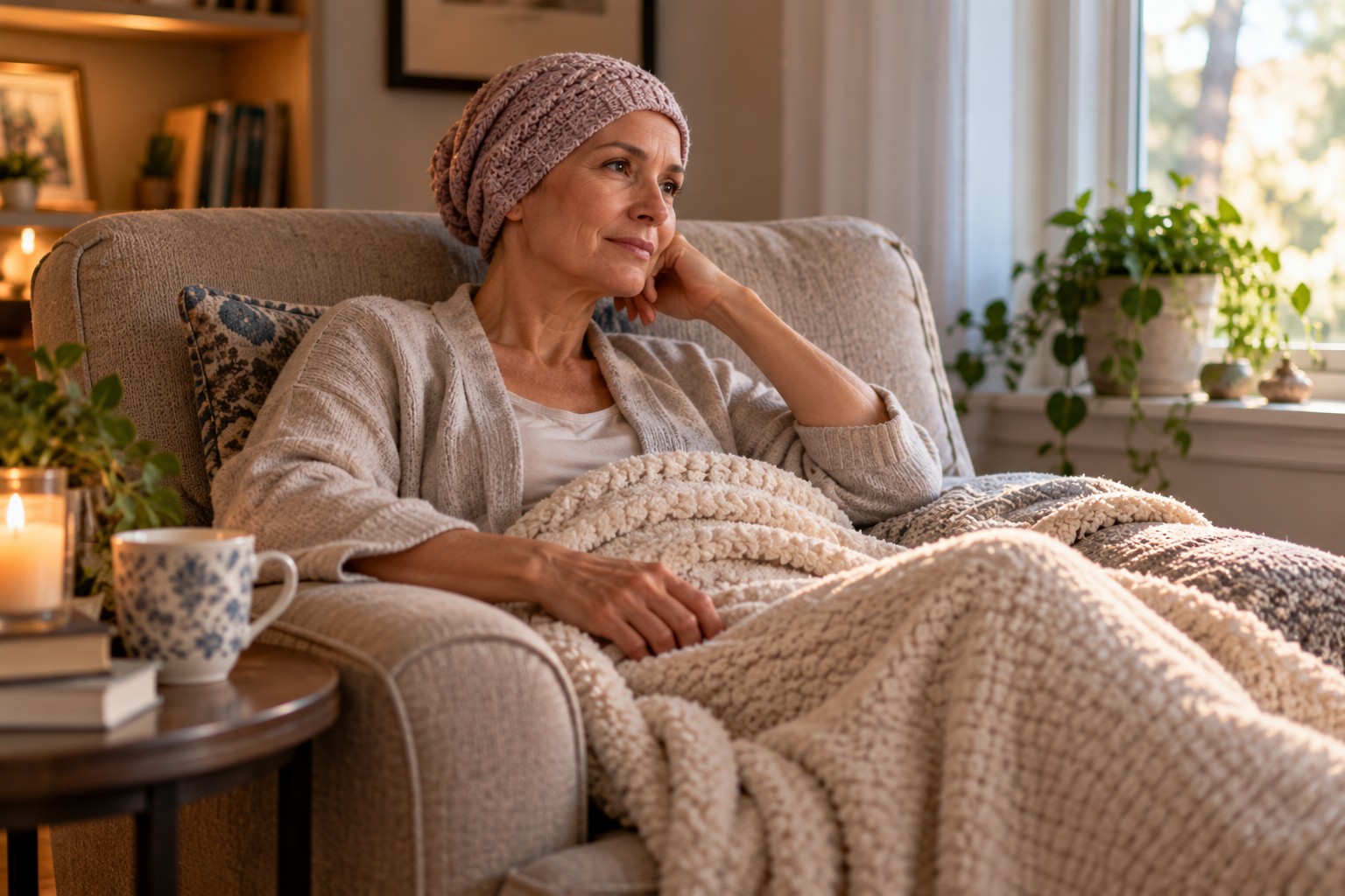 Woman in a soft knit cap resting in an armchair under a blanket, a hand on her side, tired but composed.