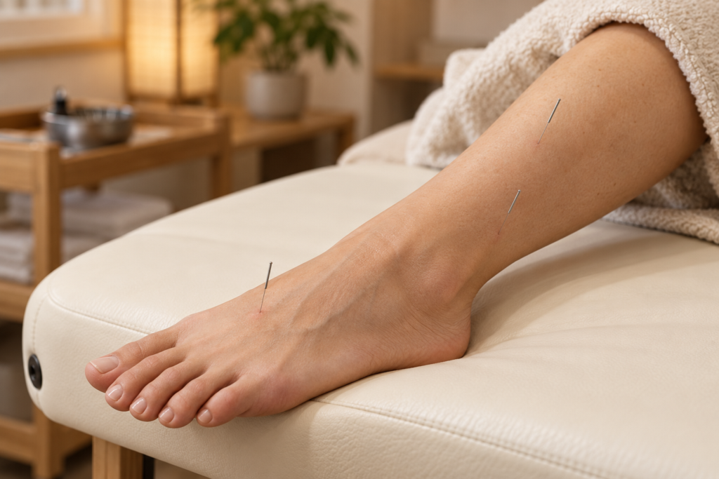 Fine acupuncture needles on the top of a relaxed patient's foot and inner lower leg.