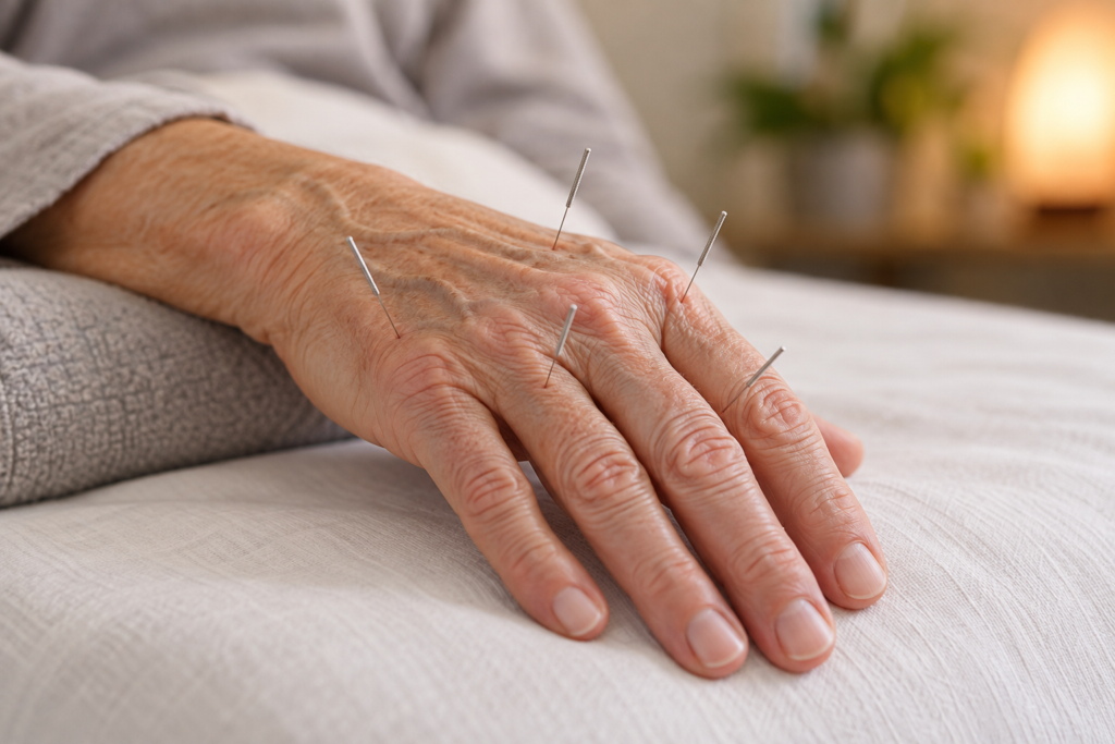 Fine acupuncture needles placed around the knuckles of an older person's hand on a treatment table.