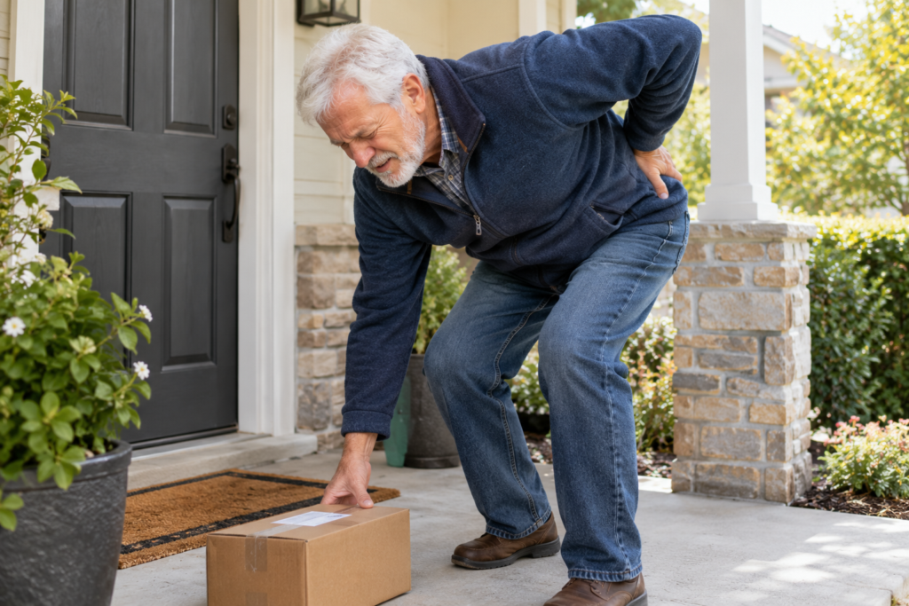 Elderly man with white hair bending down to pick up a package from his front porch, holding his lower back with a painful expression.