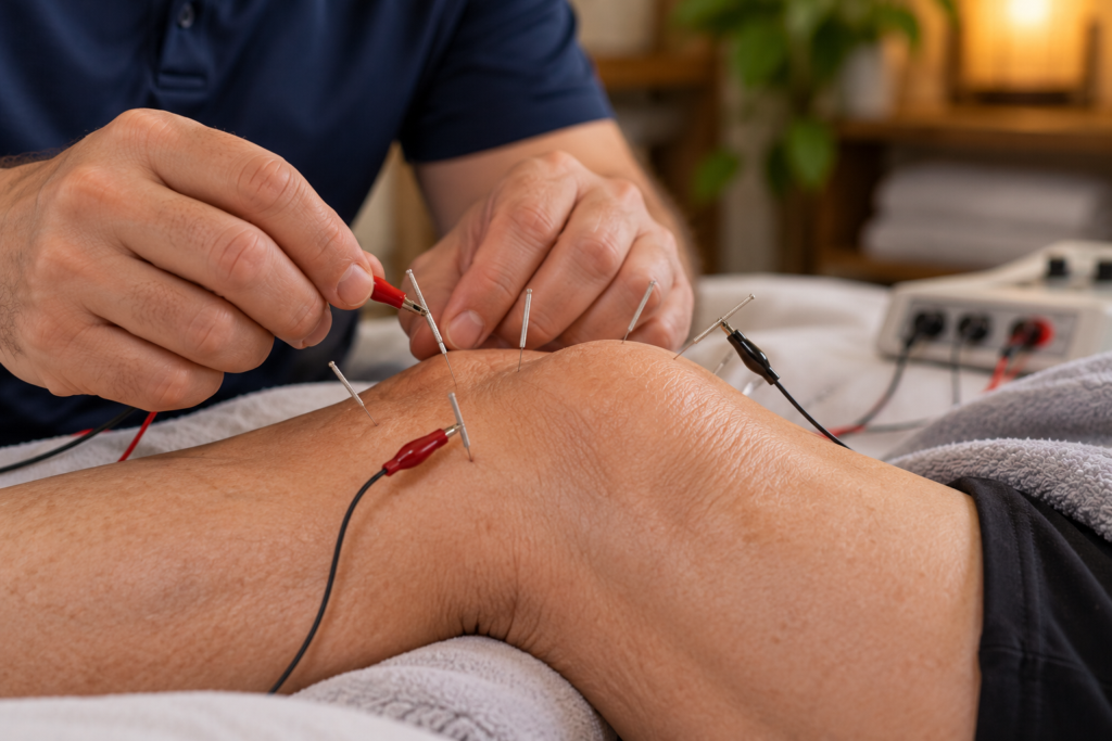 Electroacupuncture leads attached to acupuncture needles around a patient’s knee.