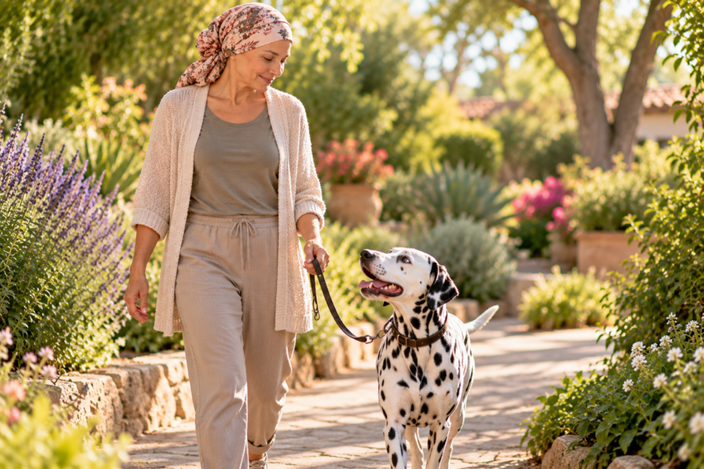 Woman with cancer walking her Dalmatian along a sunny garden path, smiling down at her dog as her energy returns.