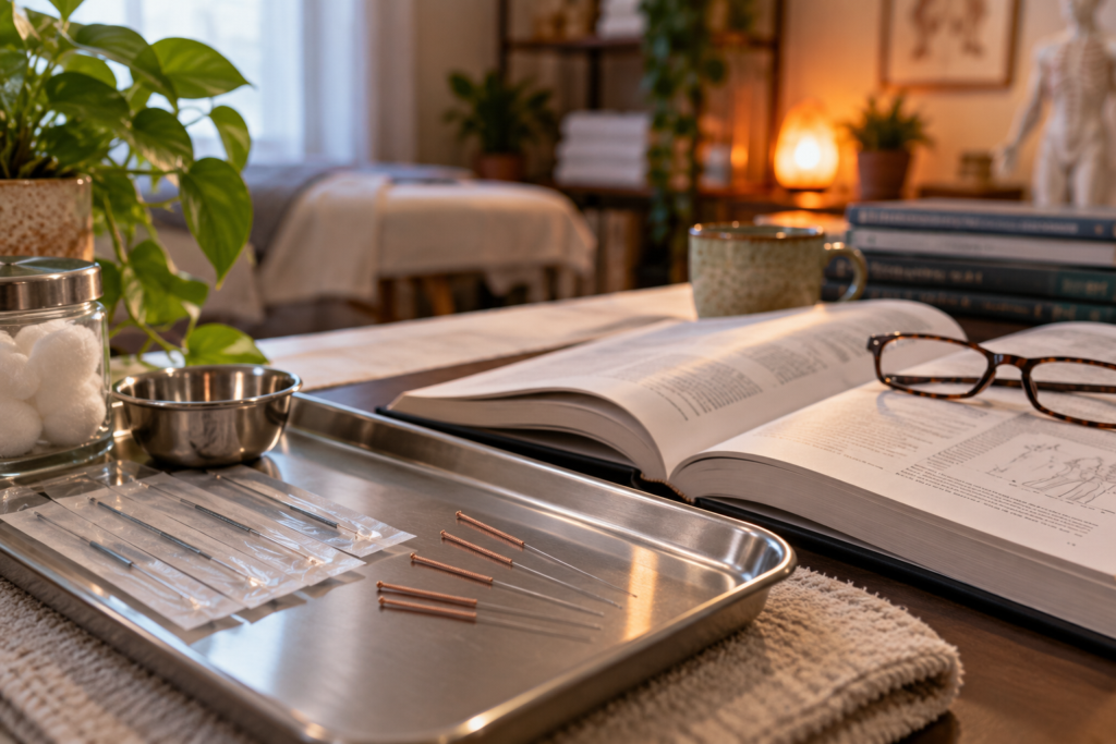 Fine acupuncture needles on a clinical tray beside an open journal and reading glasses.