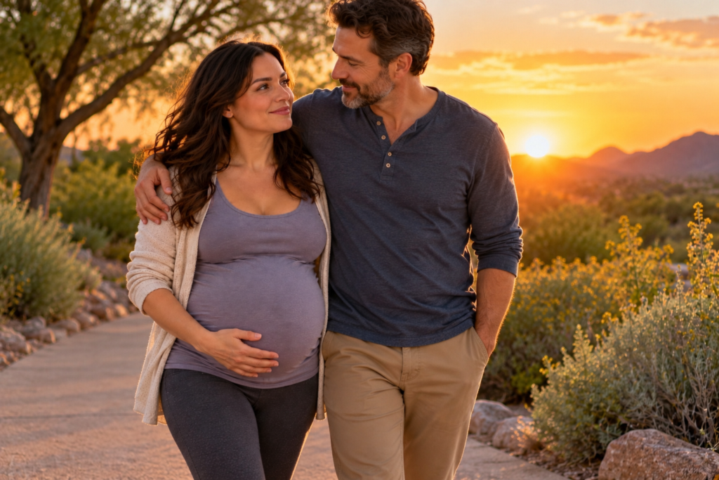 Pregnant woman walking along a peaceful desert path at sunset with her husband’s arm around her shoulders, smiling as they look at each other.
