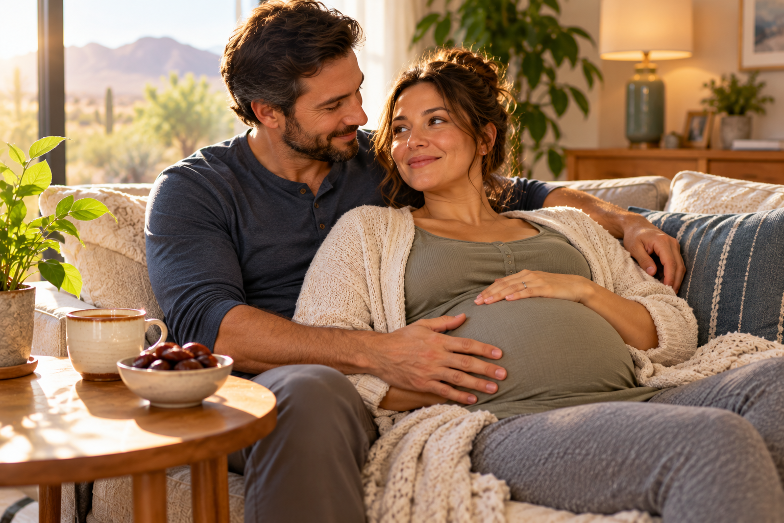 Pregnant woman in her final weeks of pregnancy relaxing on a couch with her husband, who gently rests his hand on her belly as they smile at each other.