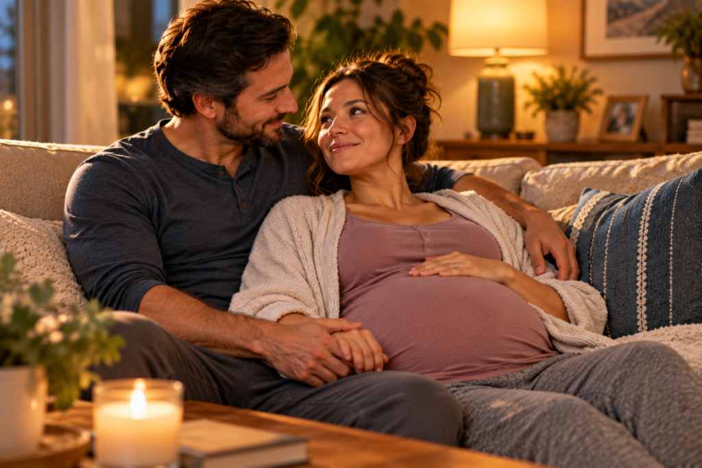 Expecting couple sitting close together on a couch, holding hands and smiling at each other.