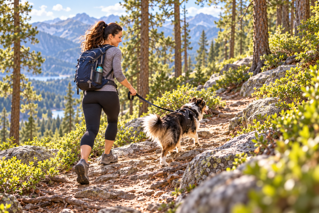 Person and dog hiking up a forested trail, the dog leading on a leash.