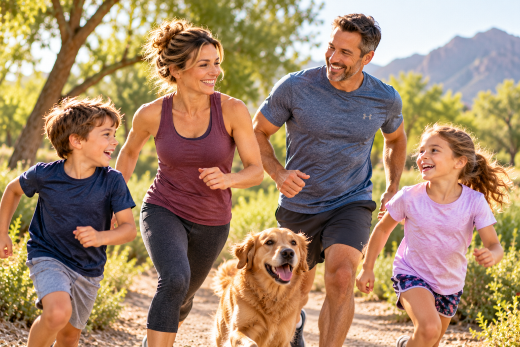 Smiling woman running alongside her husband, two children, and golden retriever on a sunny park trail, moving freely without muscle spasms.
