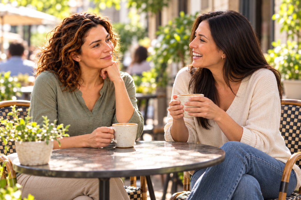Woman laughing with a friend over coffee at a sunny outdoor café, relaxed.