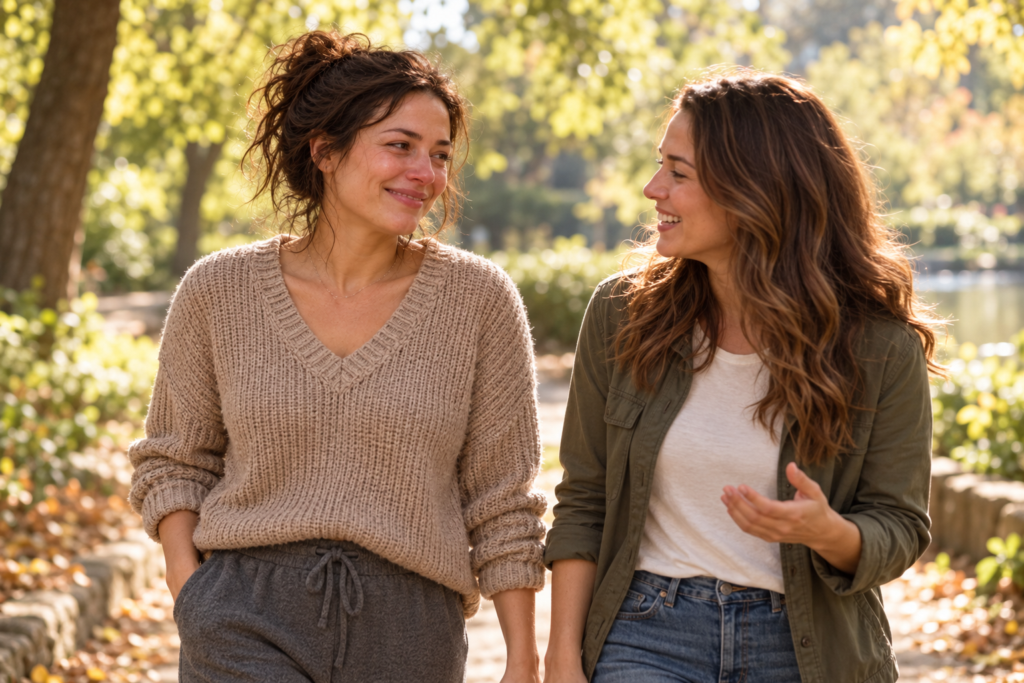 Woman walking outdoors on a sunny morning with a friend, relaxed and smiling.
