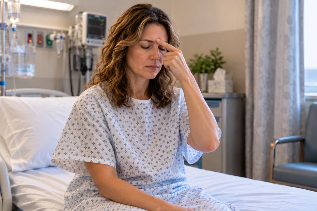 Person on a pre-op bed with eyes closed, pressing the point between the eyebrows, looking calmer.