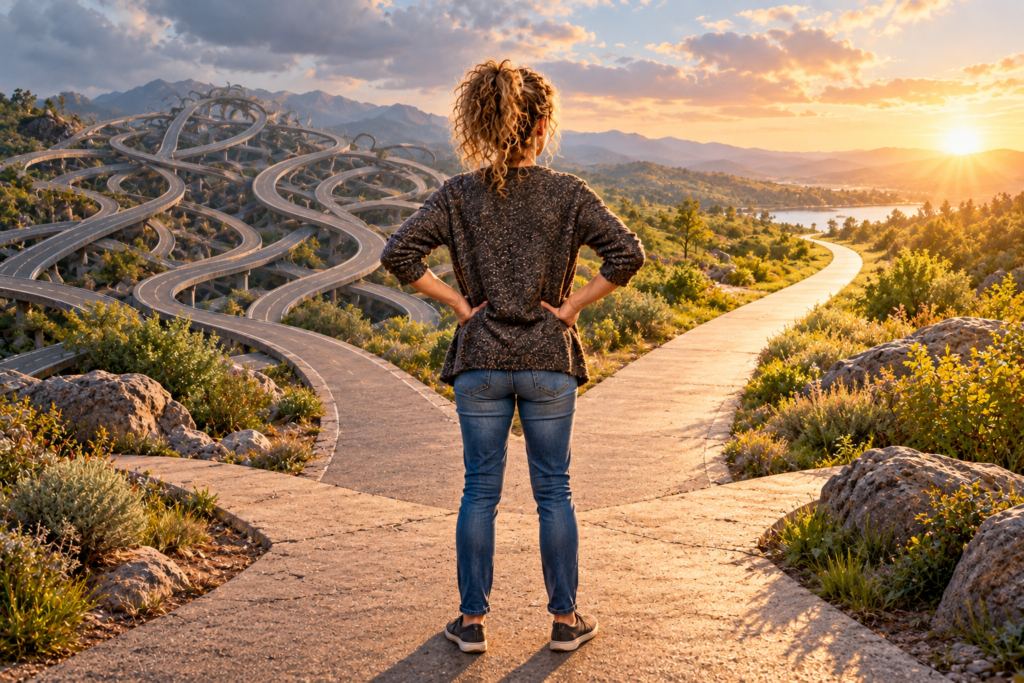 Woman standing at a crossroads, facing a maze of tangled roads on one side and a single clear path leading toward the sunset on the other.