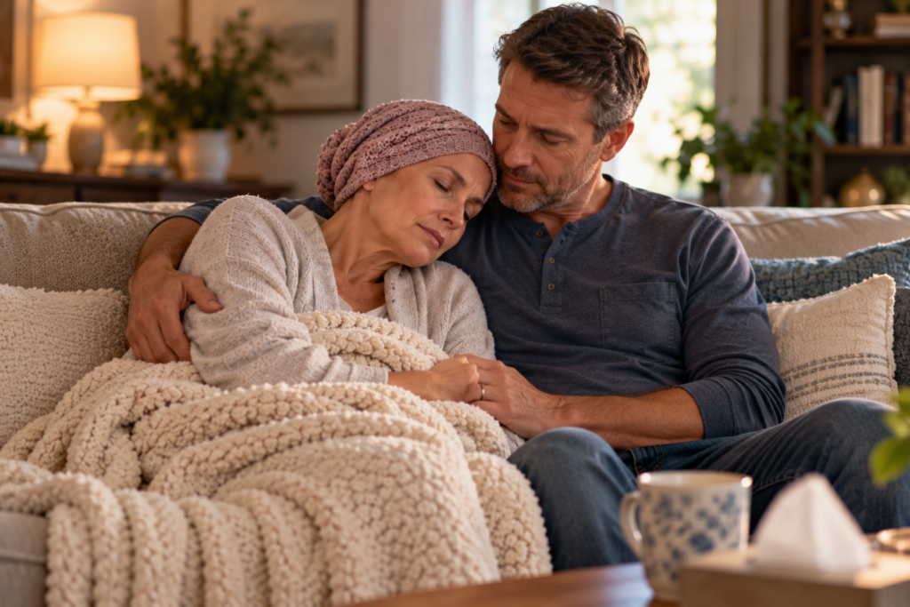 Caregiver's hands gently pressing the webbing of a seated patient's hand.