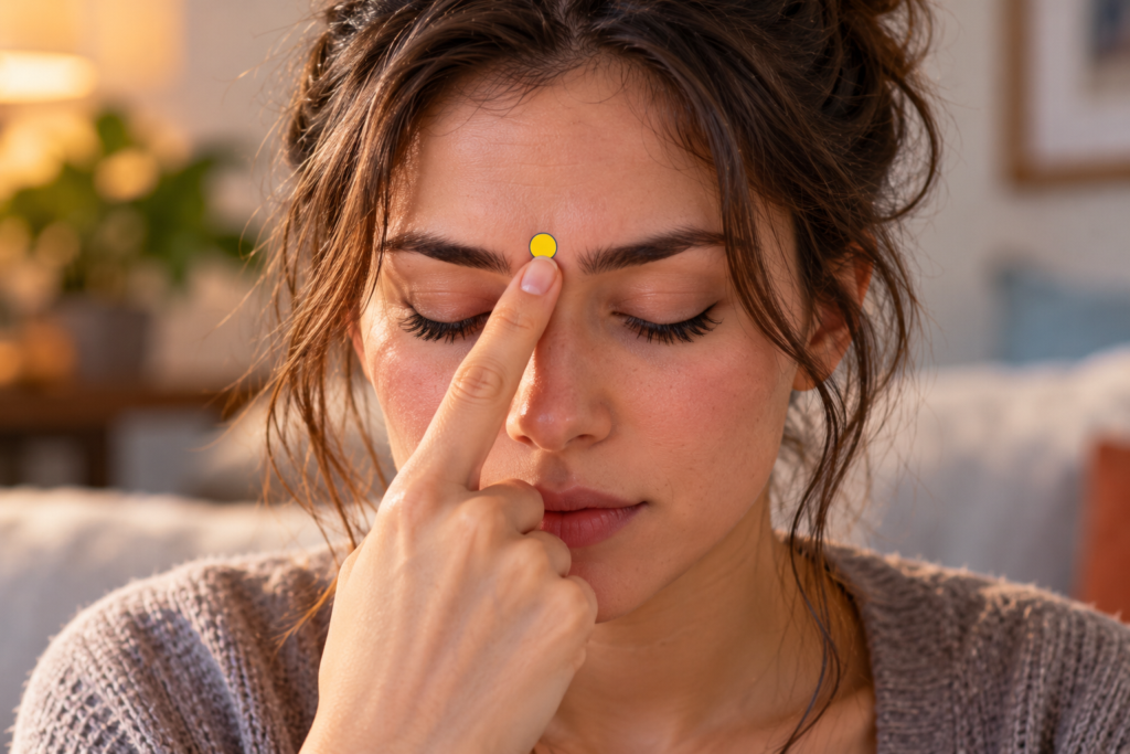 Close-up of a fingertip pressing the hollow between the eyebrows, with a yellow dot marking Yintang.