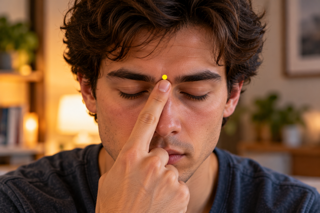 Close-up of a fingertip pressing the hollow between the eyebrows, with a yellow dot marking Yintang.