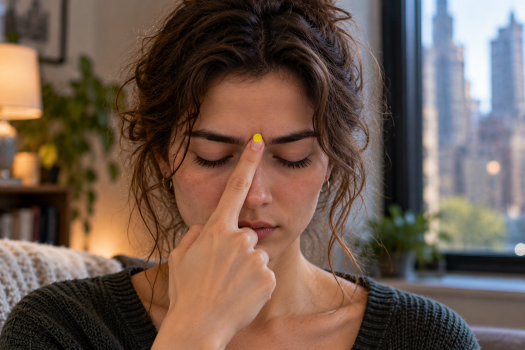 Close-up of a fingertip pressing the hollow between the eyebrows, with a yellow dot marking Yintang.