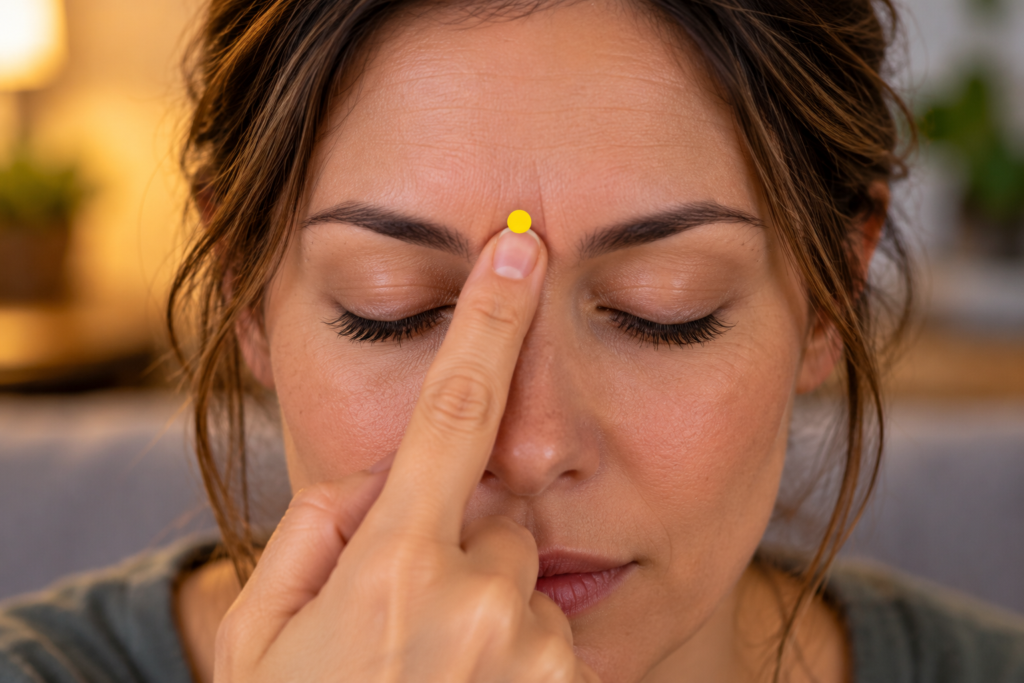 Close-up of a fingertip pressing the hollow between the eyebrows, with a yellow dot marking Yintang.