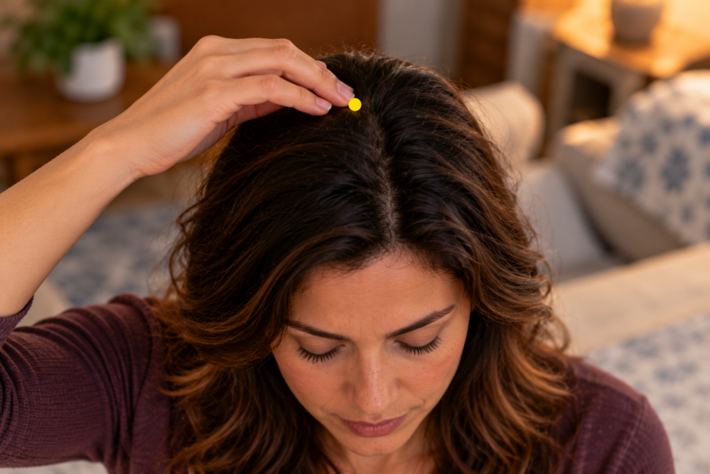 Close-up of fingertips pressing the top of the head, with a yellow dot marking GV20.