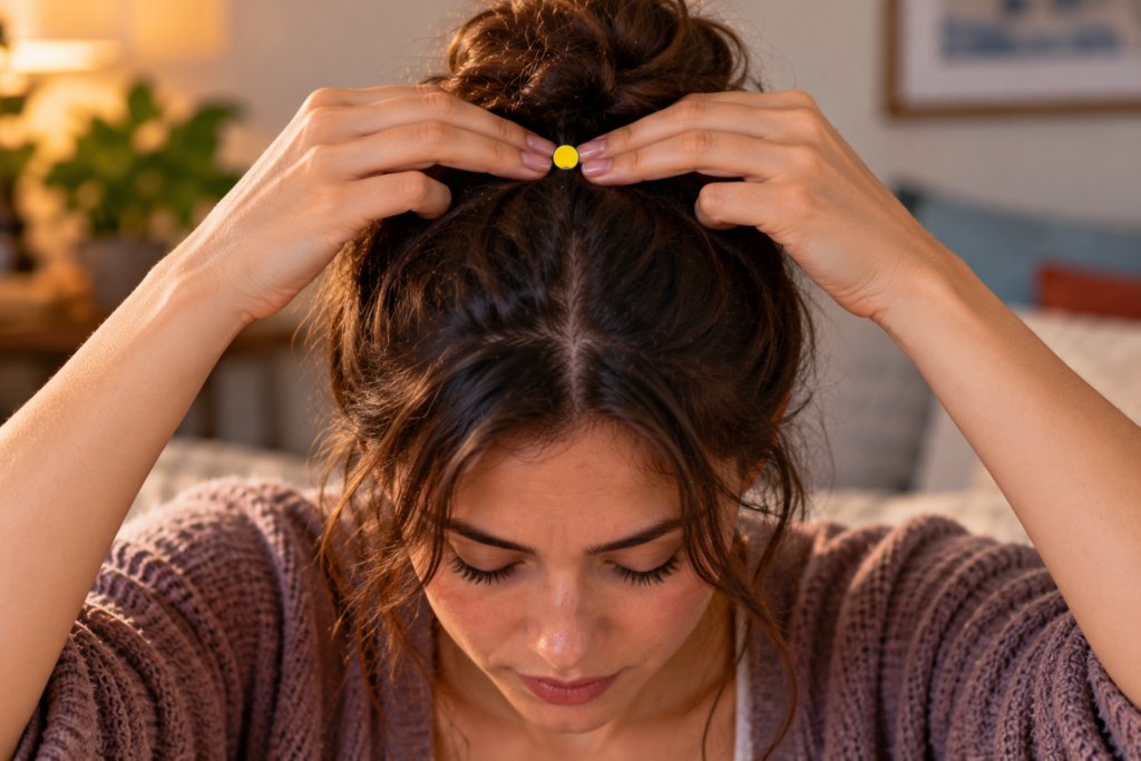 Close-up of fingertips pressing the top of the head, with a yellow dot marking GV20.