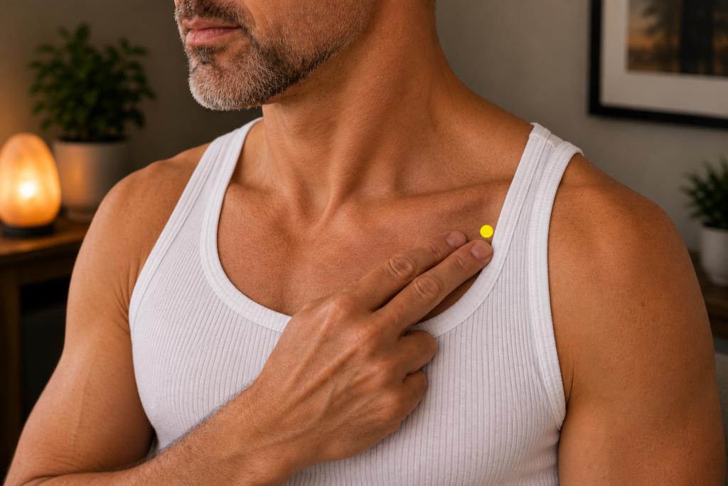 Close-up of fingertips pressing the front of the chest below the outer end of the collarbone, with a yellow dot marking LU1.
