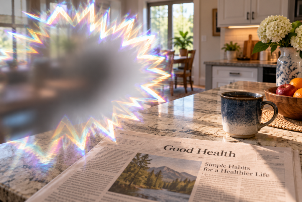 First-person view of a kitchen counter with a coffee mug and newspaper, partly covered by a glittering zigzag arc of light with a blind spot in its center, showing how a migraine aura affects vision.