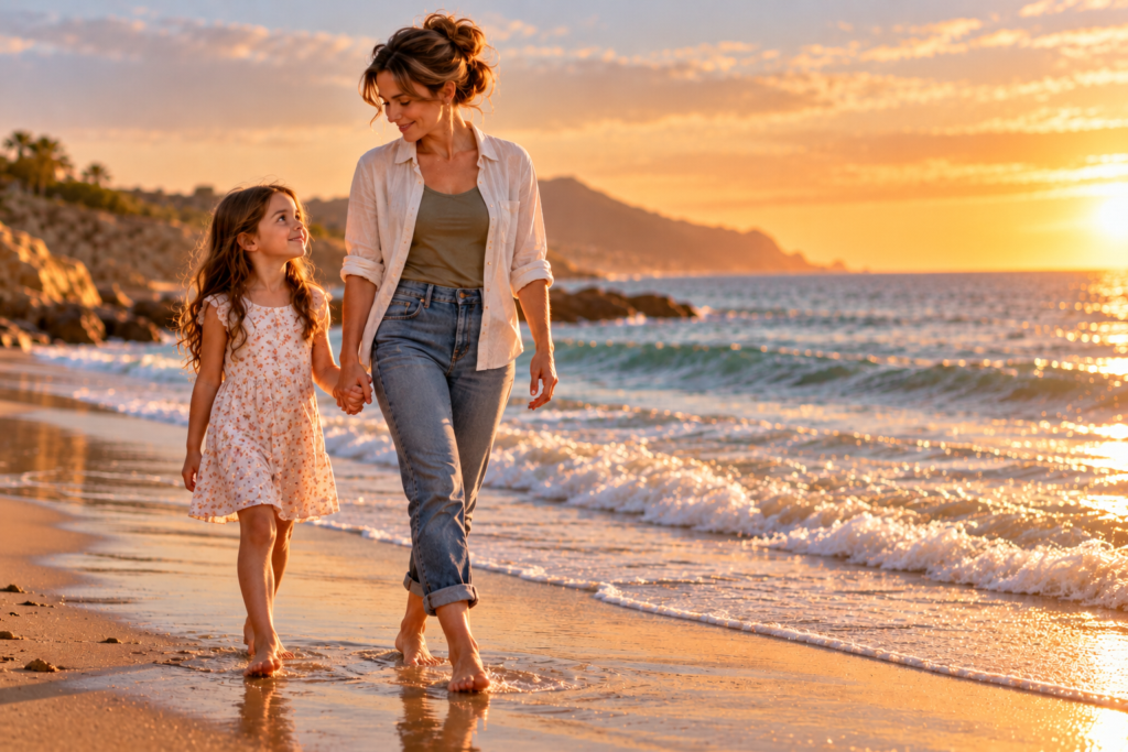 Mother and daughter walking barefoot hand in hand along a sunlit beach, smiling lovingly at each other.