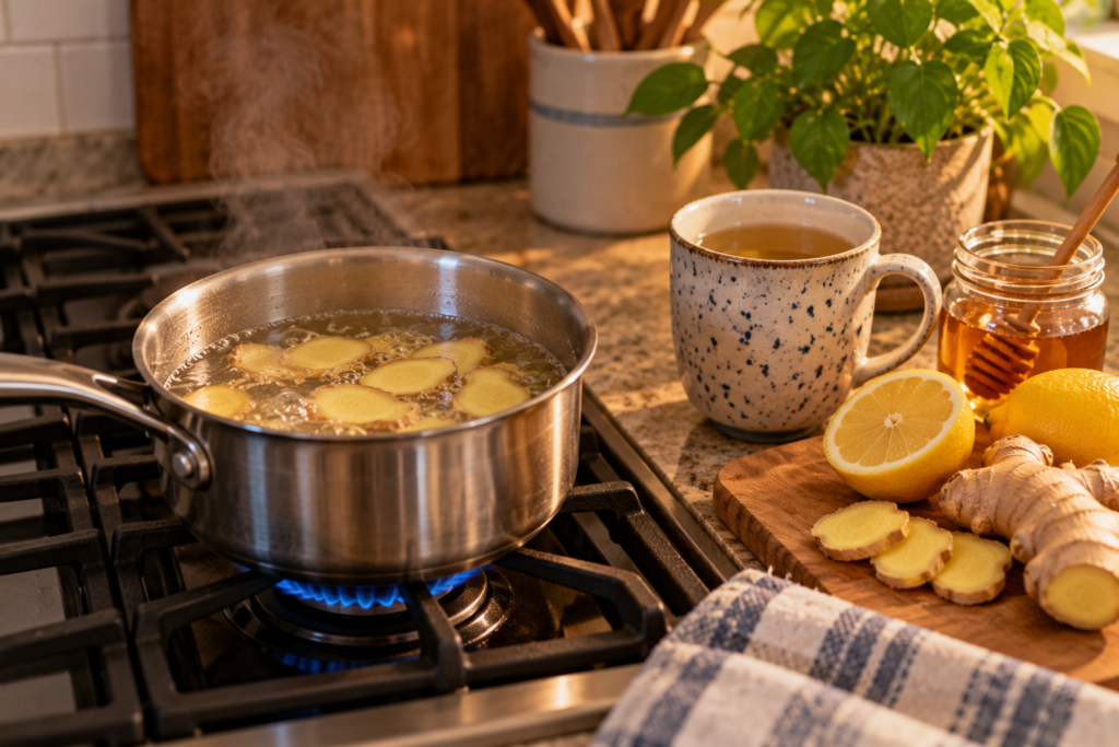 Small pot of ginger slices simmering in water on a stove beside a mug, lemon, and honey.