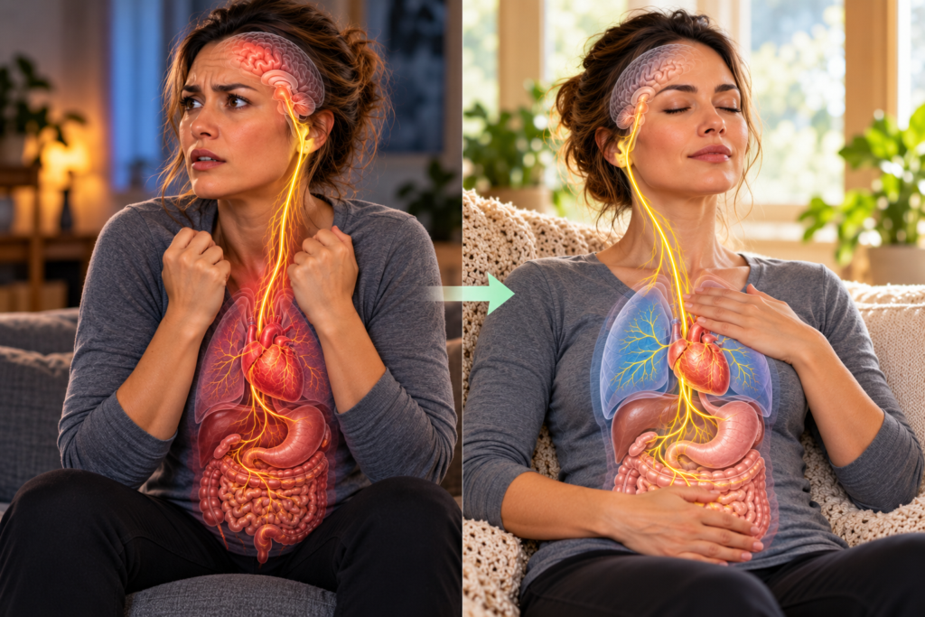 Side-by-side illustration of the same woman transitioning from an anxious fight-or-flight state to a calm, relaxed state, with anatomical overlays highlighting the brain, vagus nerve, heart, lungs, and digestive system.