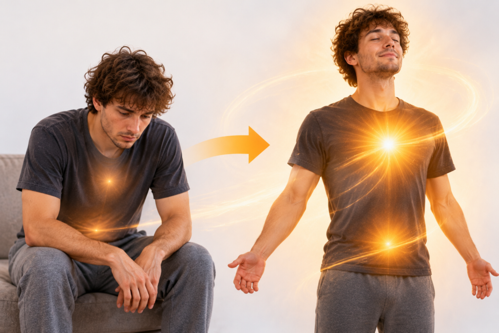 Before-and-after illustration of a young man sitting slouched and unmotivated, then standing confidently with warm golden light radiating from his chest and abdomen.