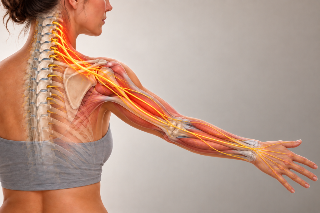Anatomical illustration of a nerve root leaving the lower neck and traveling down the arm to the fingers.