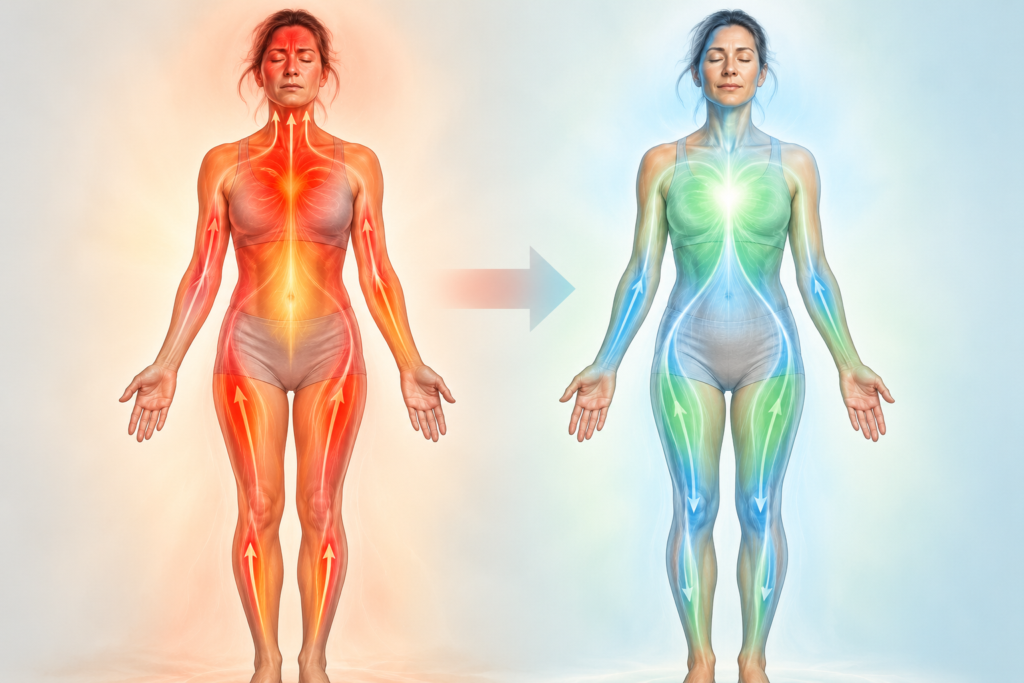 Illustration of a woman transitioning from emotional tension represented by rising red and orange energy to a relaxed state represented by cooling blue and green tones.