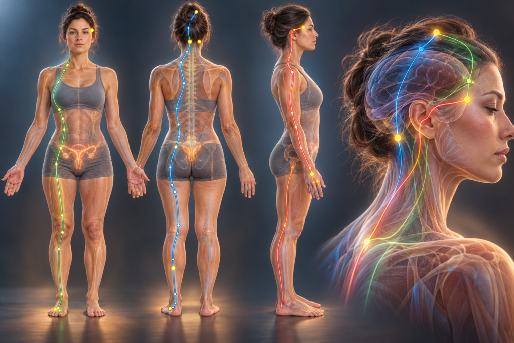 Futuristic anatomical illustration of a woman from multiple angles, showing glowing Liver, Gallbladder, and San Jiao meridian pathways connecting the limbs, torso, neck, and head.