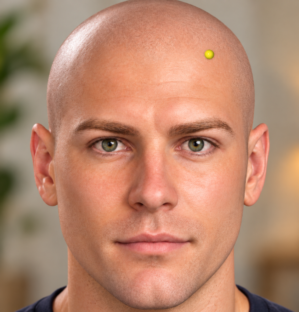 Close-up of the forehead and hairline, with yellow dots marking GB13 above the outer corners of both eyes.