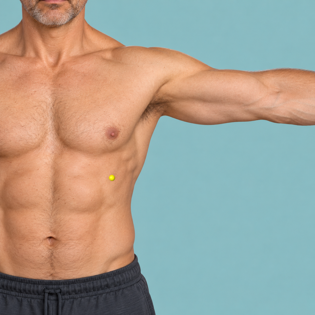 Close-up of the front of the rib cage over a fitted shirt, with a yellow dot marking GB24 below the nipple line.