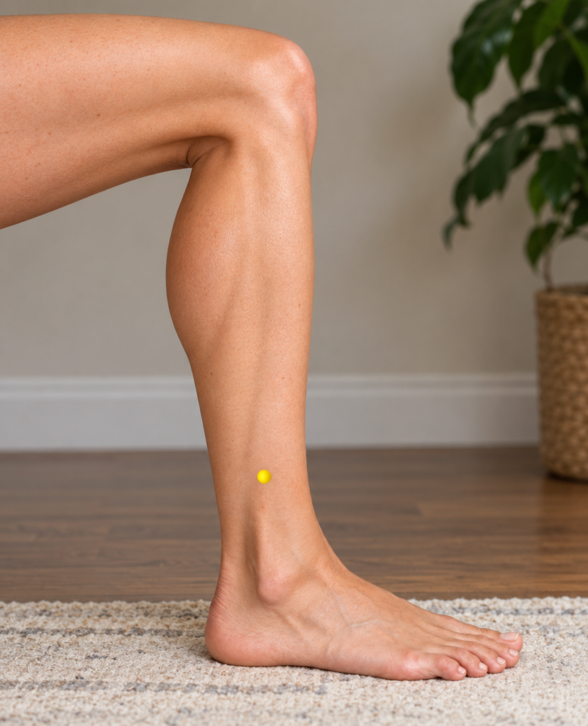 Close-up of the outer lower leg, with a yellow dot marking GB38 above the outer ankle just in front of the fibula.