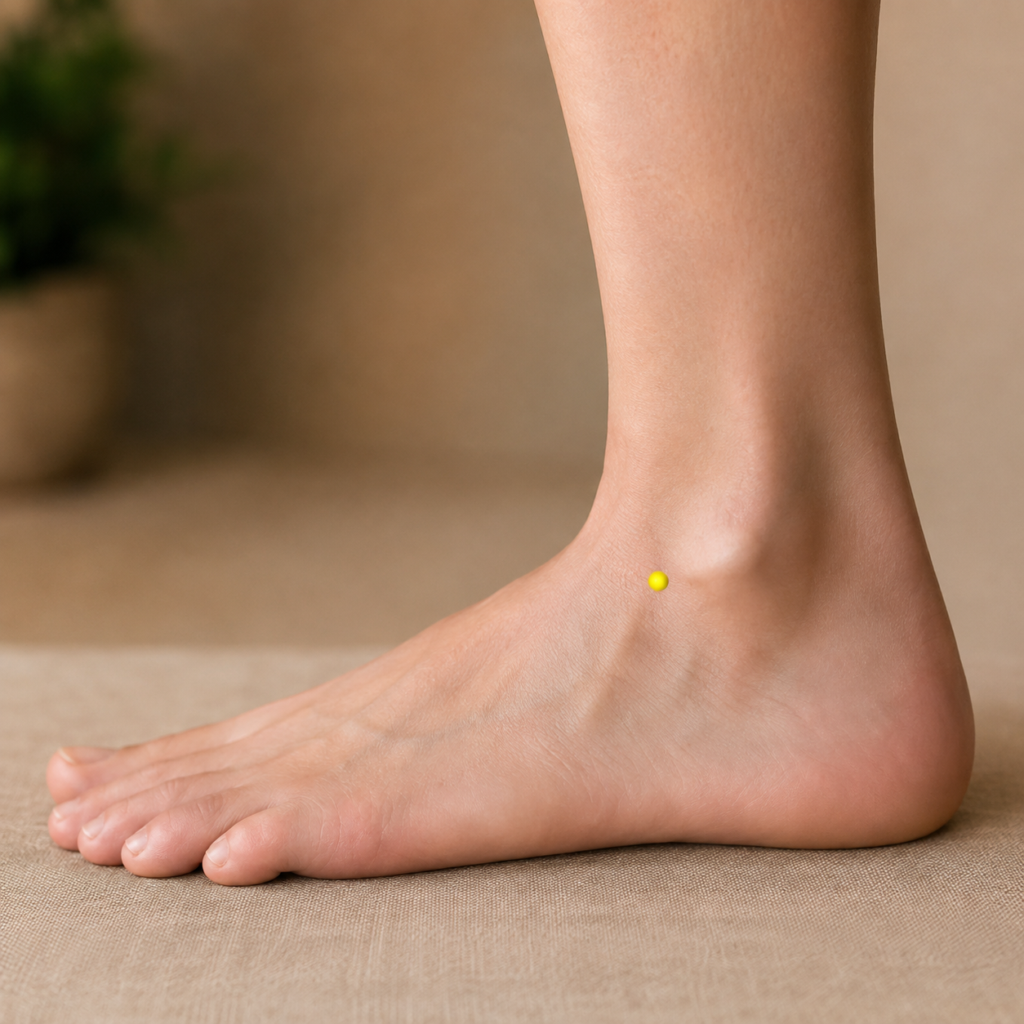 Close-up of the outer ankle, with a yellow dot marking GB40 in front of and below the ankle bone.