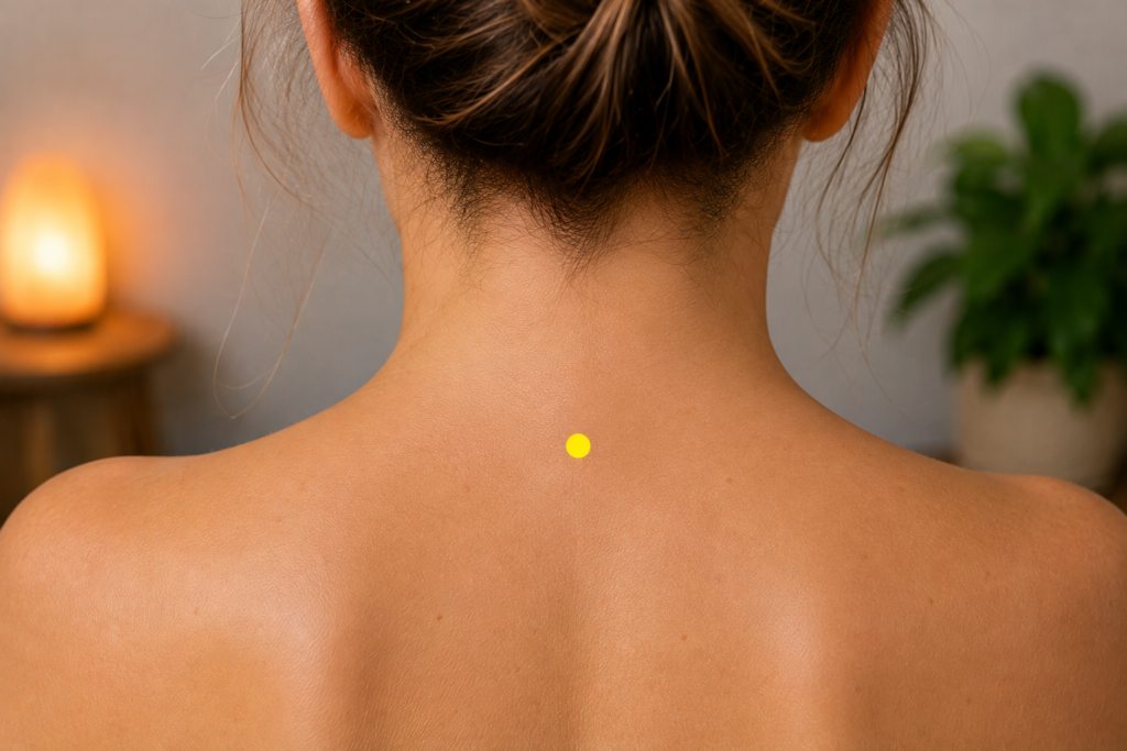 Close-up of the back of the neck, with a yellow dot marking GV14 below the most prominent neck bone.