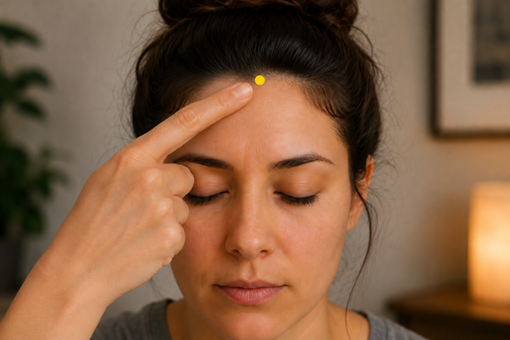 Close-up of the front of a person’s head, with a yellow dot marking GV24 just behind the hairline.