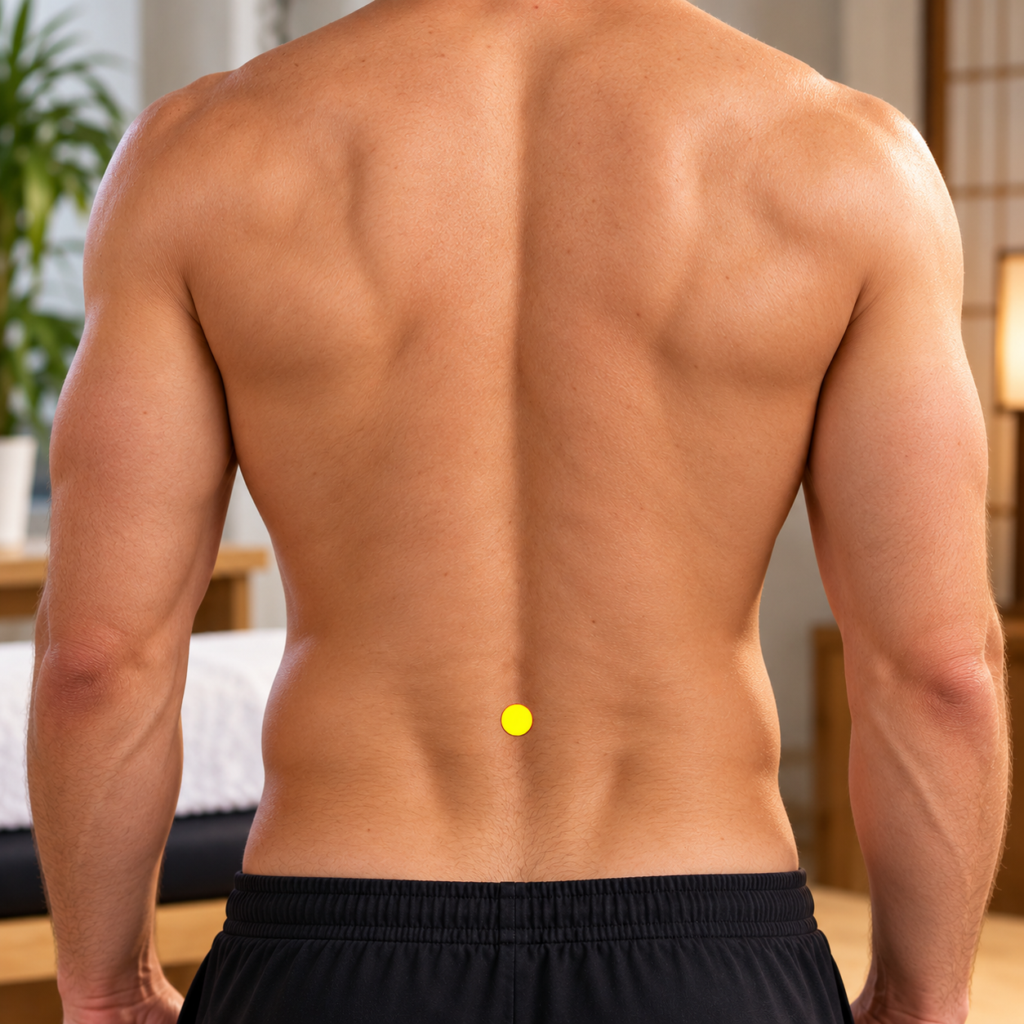 Close-up of the lower back, with a yellow dot marking GV4 on the spine level with the navel.